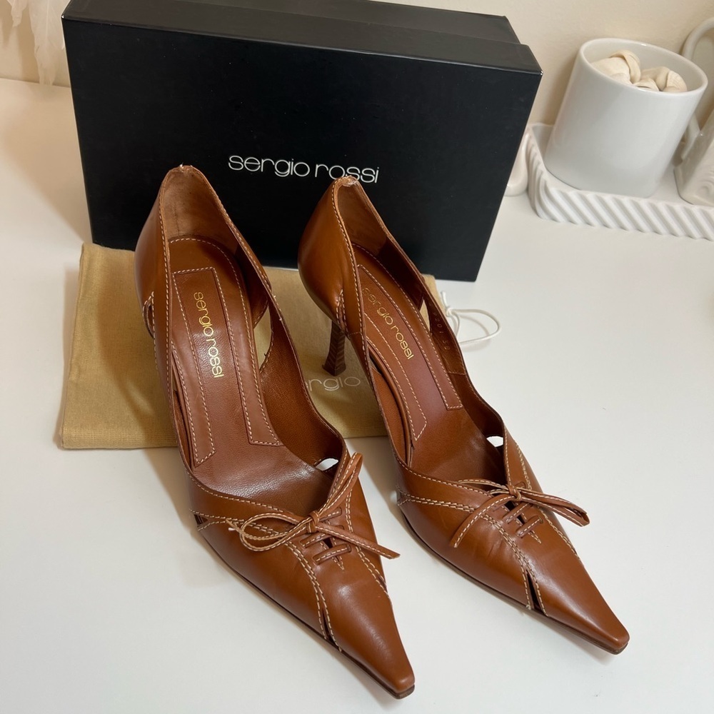 Sergio Rossi Tan Leather Pointed Toe High Wooden Stiletto Heels